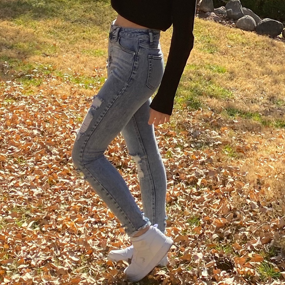 Acid Washed Jeans, Skinny, Worn Twice, Frayed